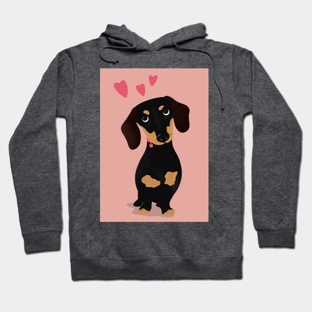 Cute Cartoon Dachshund with Three Pink Hearts Hoodie by NattyDesigns